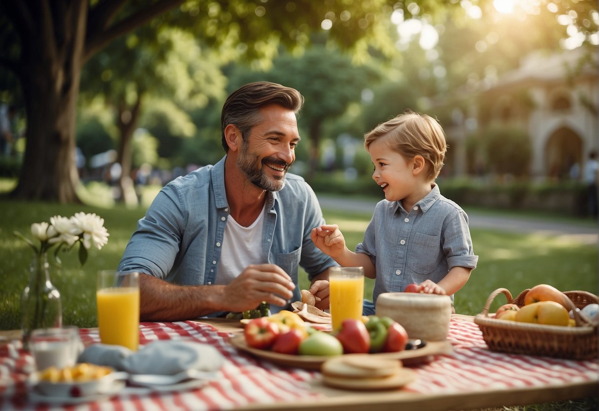 A father and child enjoy a picnic in a lush park, surrounded by "Father's Day" promotional banners and signs. The child presents a handmade card to the father, who smiles with appreciation
