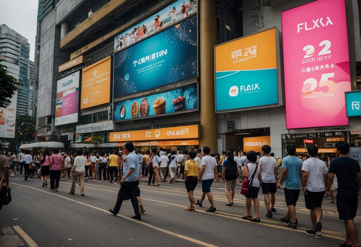 A busy street in Singapore adorned with Flexa promotions banners and colorful displays. Pedestrians walk past, while the vibrant signage catches the eye