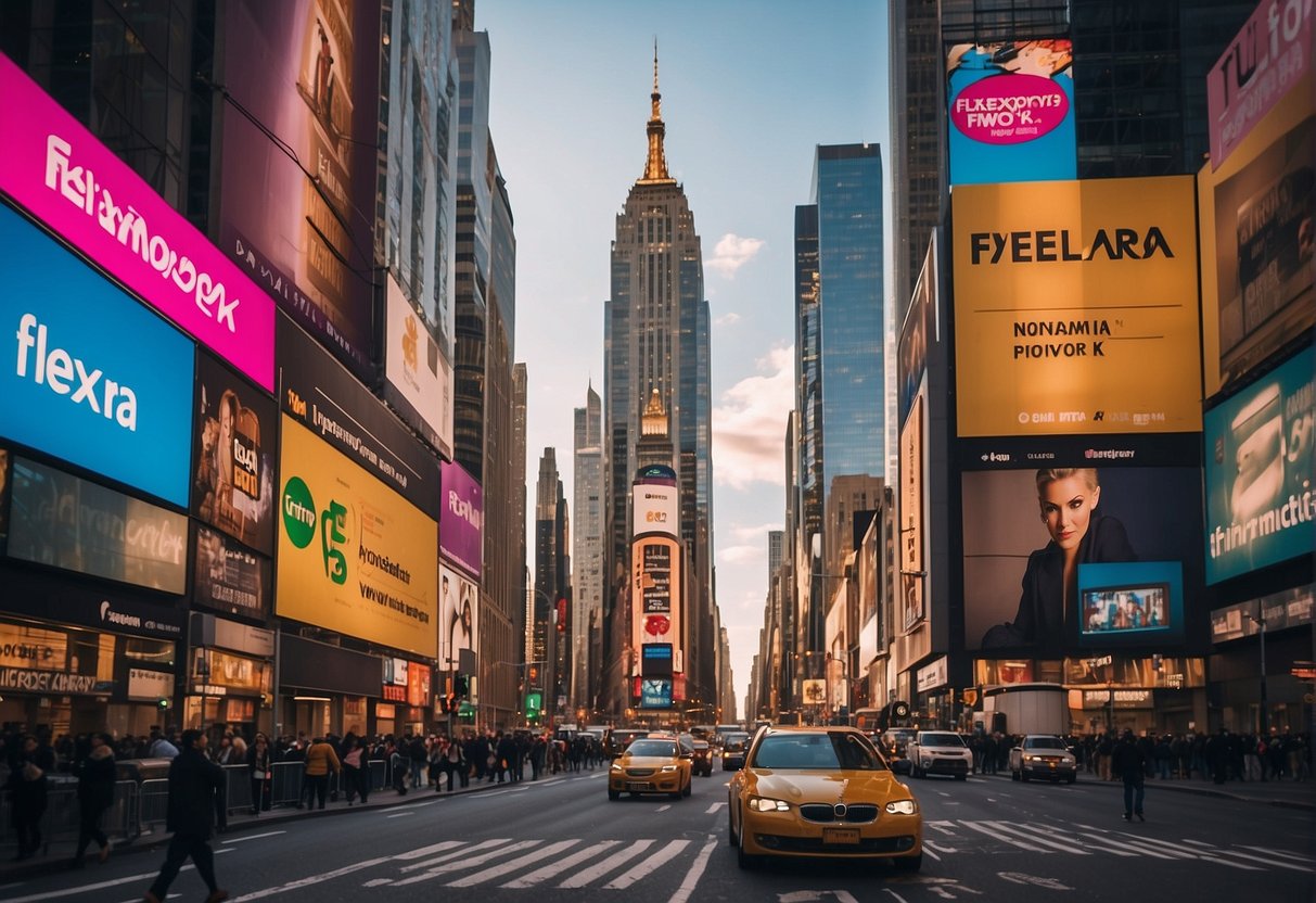 A vibrant cityscape with iconic landmarks and bustling streets, adorned with Flexa Promotions signs and banners