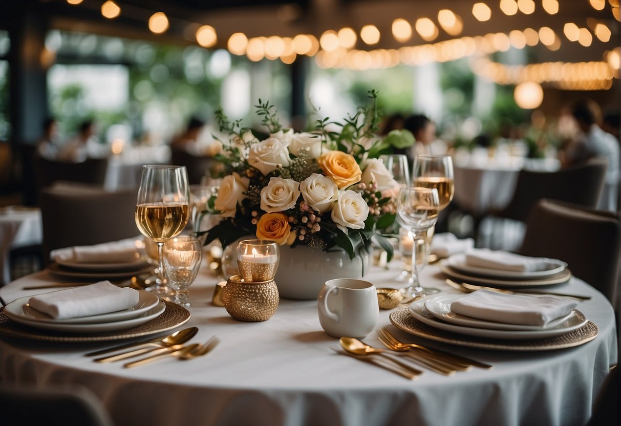 A table set with elegant dinnerware and festive decorations, surrounded by happy diners enjoying special Father's Day promotions in Singapore