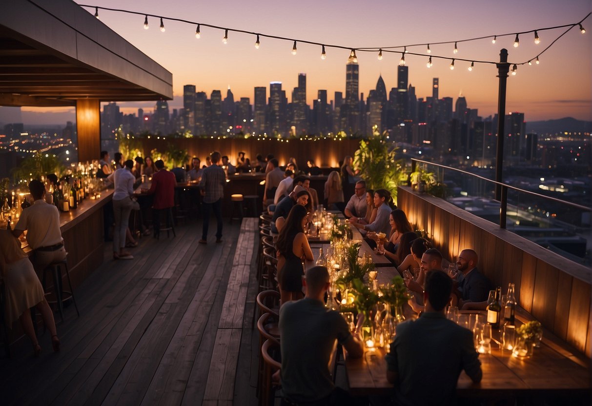 A lively rooftop bar with string lights and a view of the city skyline. People mingle around a central bar, while others relax in cozy lounge areas. A DJ spins music, and colorful cocktails are served