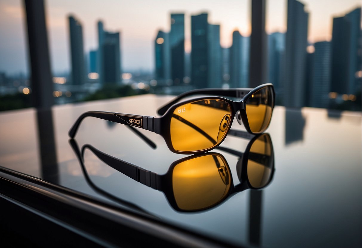 A display of various eyewear products arranged on a sleek, modern table with a backdrop of the Singapore skyline. Bright, eye-catching promotional materials surround the display