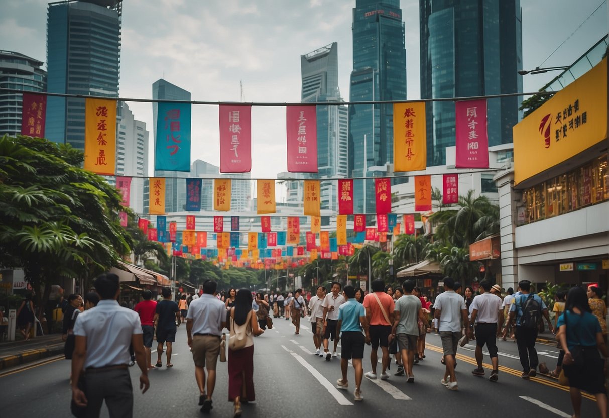 A bustling city street lined with colorful banners advertising "Must-Visit Destinations" in Singapore, with iconic landmarks and attractions showcased in the background