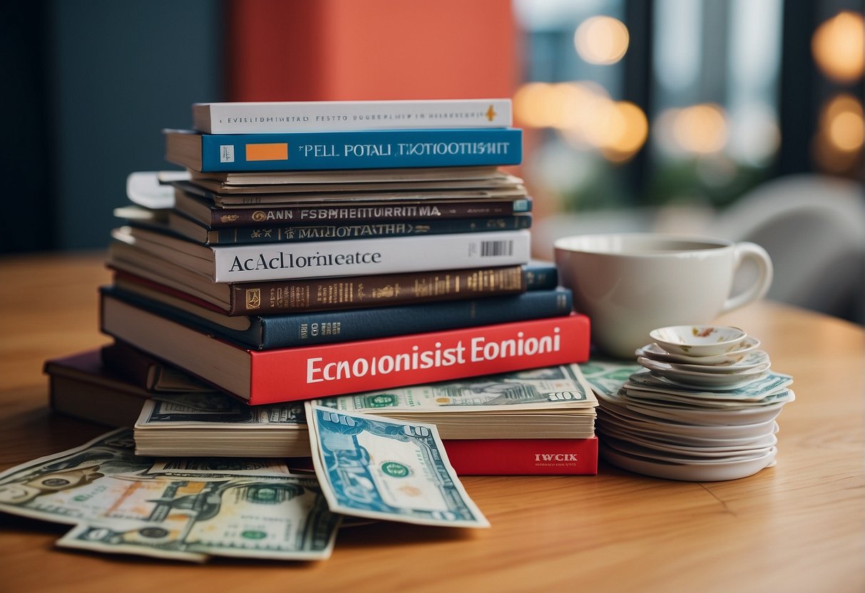 A stack of Economist magazines with a "Special Promotion" banner, surrounded by Singaporean landmarks and currency symbols