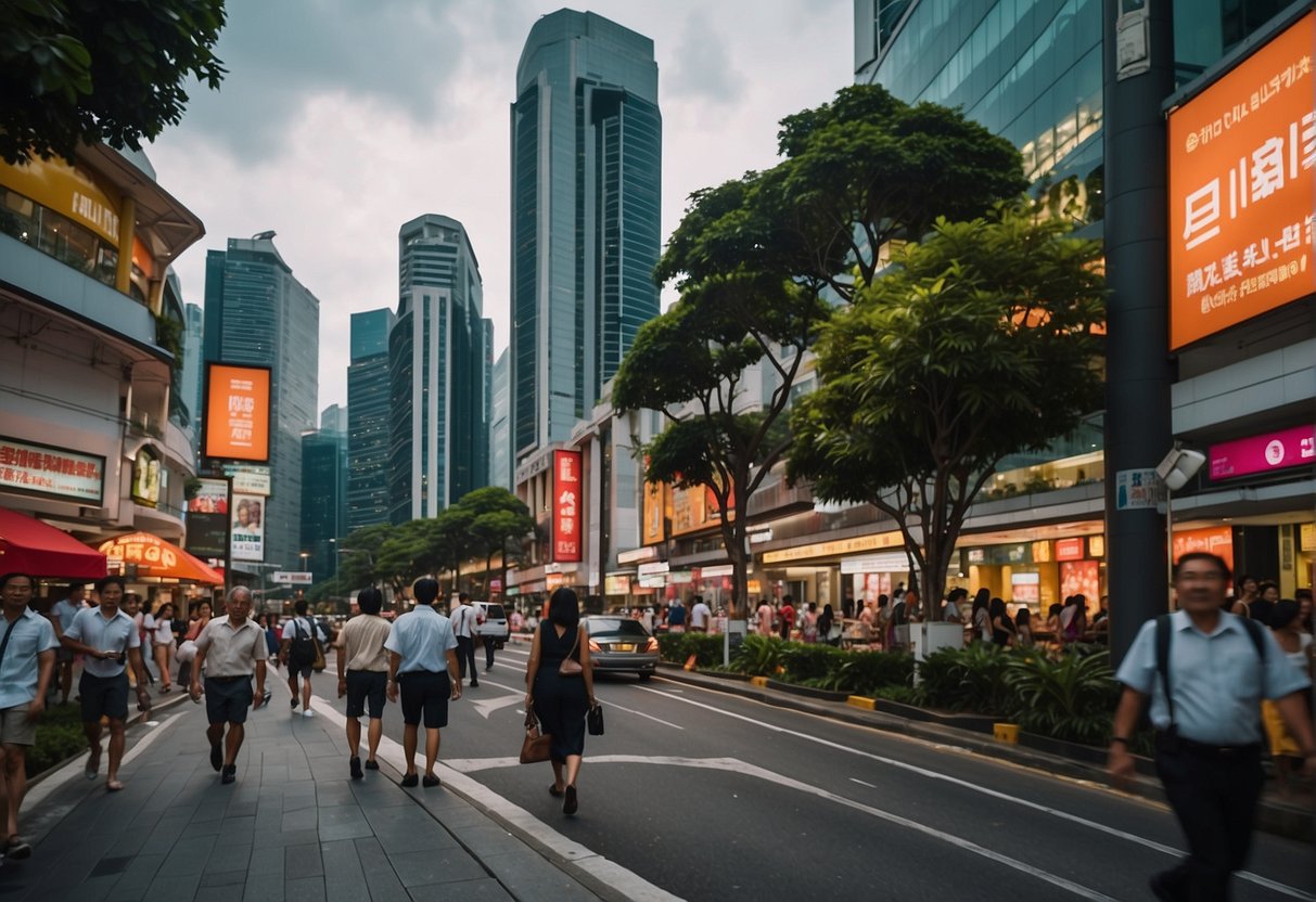 A bustling city street in Singapore, with vibrant signage for Dr. Lash promotions displayed on storefronts and billboards