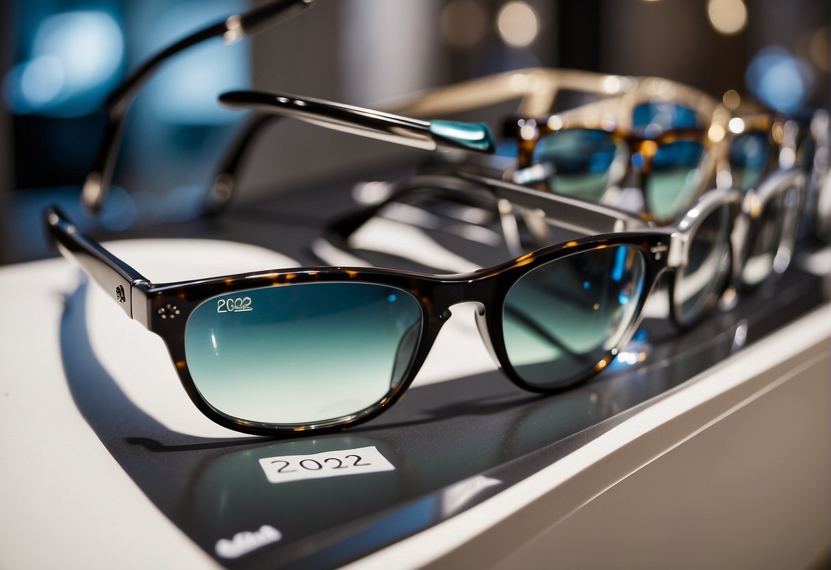 A display of 2024 eyewear promotions in Singapore, featuring the latest spectacle designs and styles. Bright and modern setup with various frames and lenses showcased