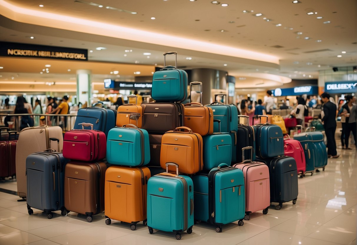 A vibrant display of Delsey luggage at a bustling Singapore mall, with eye-catching promotional signs and a crowd of interested shoppers