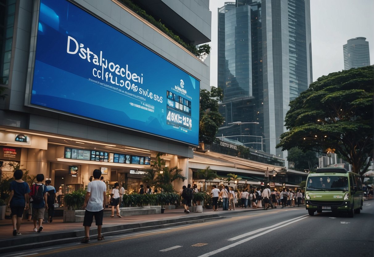 A bustling city street in Singapore with digital billboards displaying promotions for DigitalOcean services