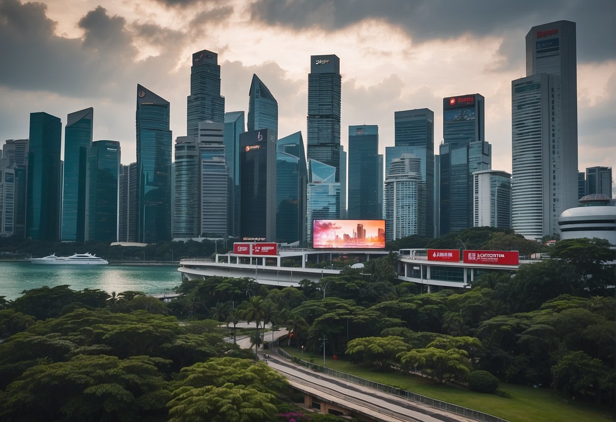 A sleek, modern city skyline of Singapore with prominent Economist branding and 2024 promotions displayed on billboards and digital screens