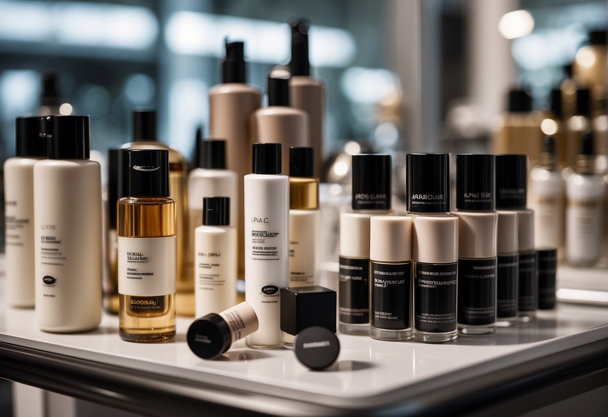 A display of beauty products with promotional signs and banners