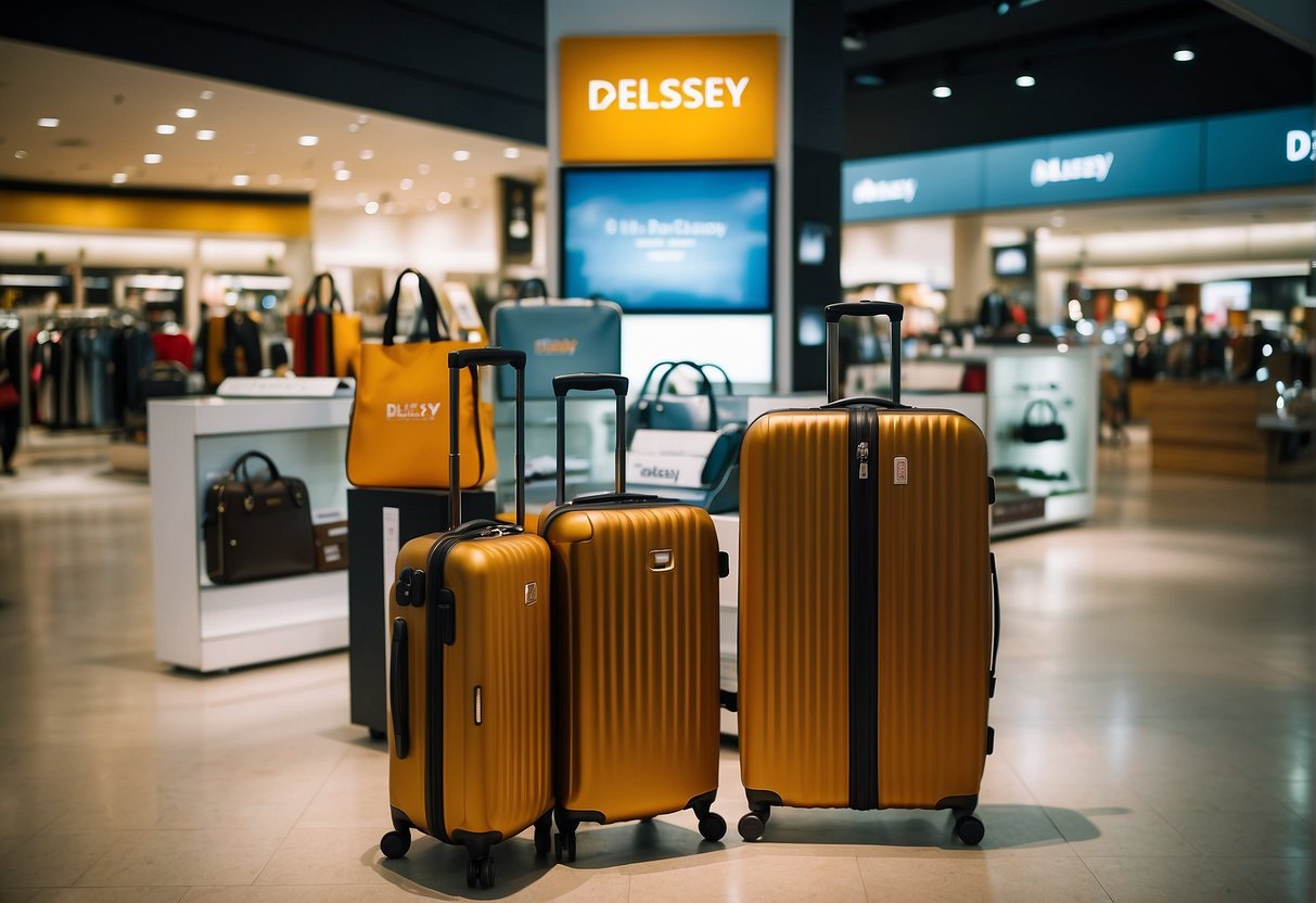 A display of Delsey luggage with prominent "Latest Promotions" signage in a Singapore store