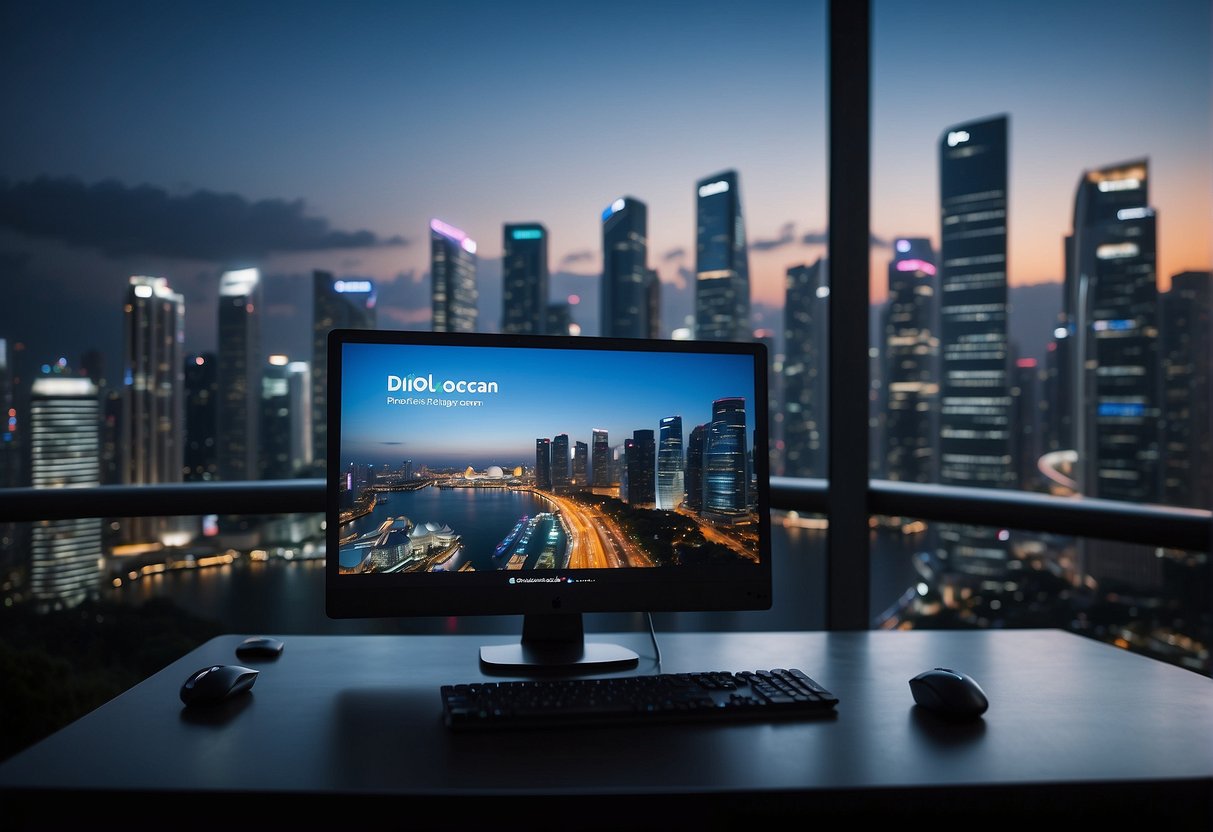 A computer screen displaying "Current Promotions" with DigitalOcean logos, set against a Singapore cityscape backdrop