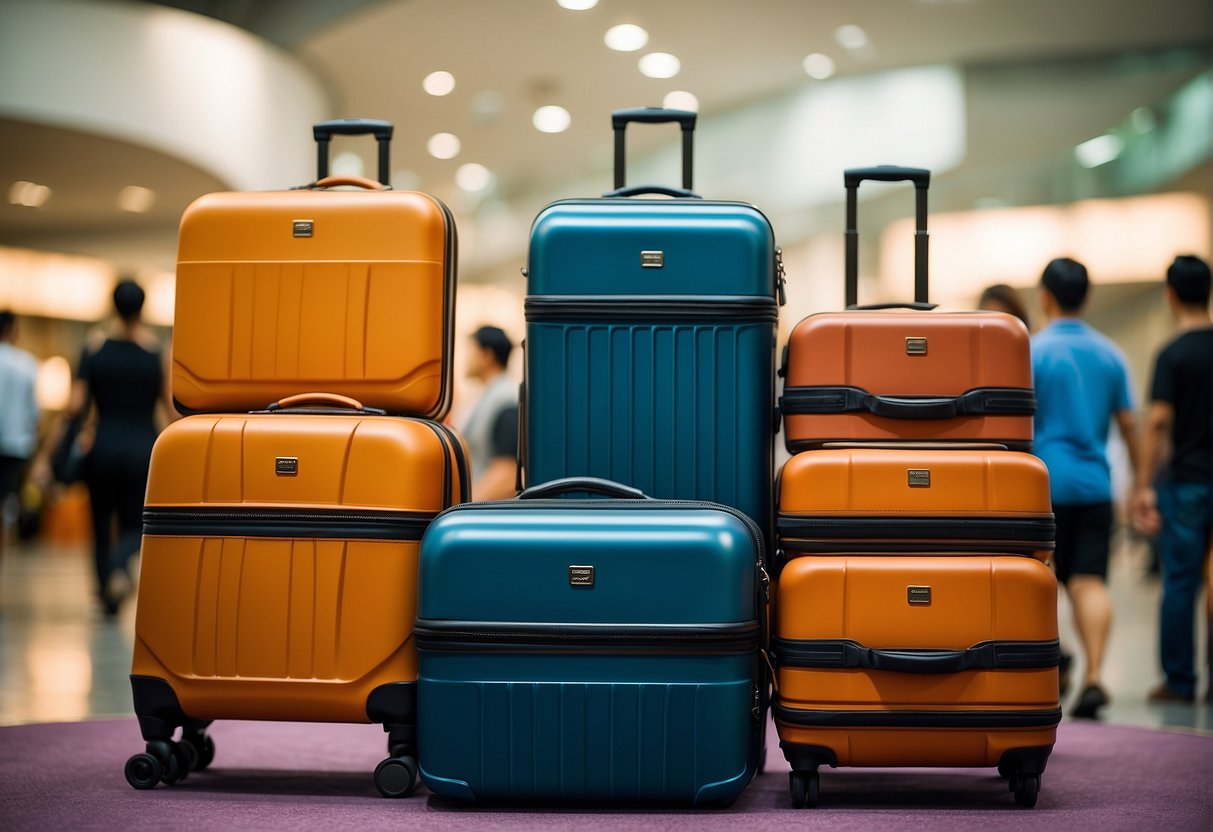 A stack of delsey luggage on display with "Maximise Your Savings" signage at a Singapore promotion event