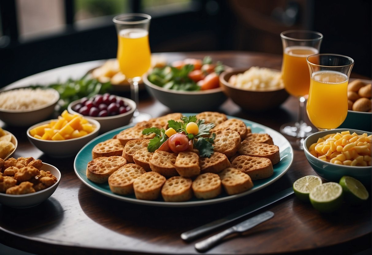 A colorful spread of food and drinks, including a variety of cuisines and beverages, arranged on a festive table for a 25th birthday celebration