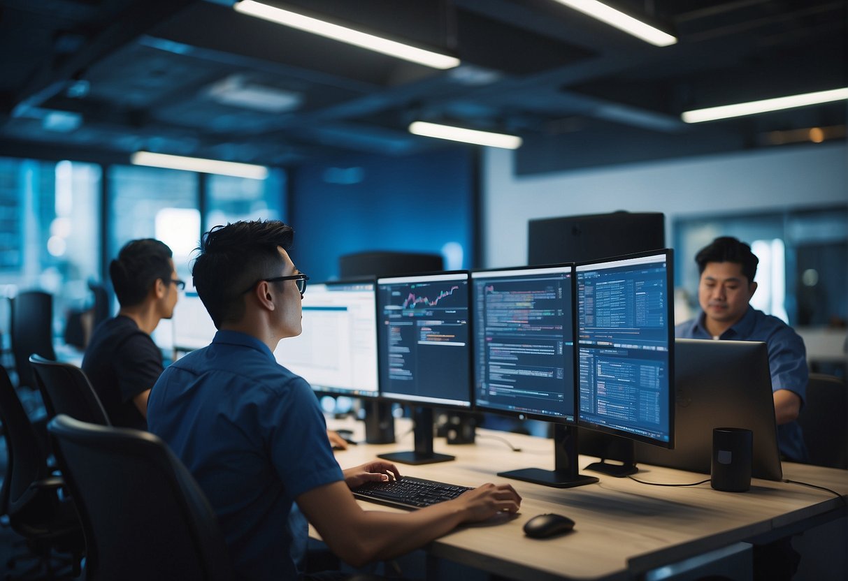 A group of developers working together, with the DigitalOcean logo prominently displayed, showcasing the unmatched support for developers in Singapore