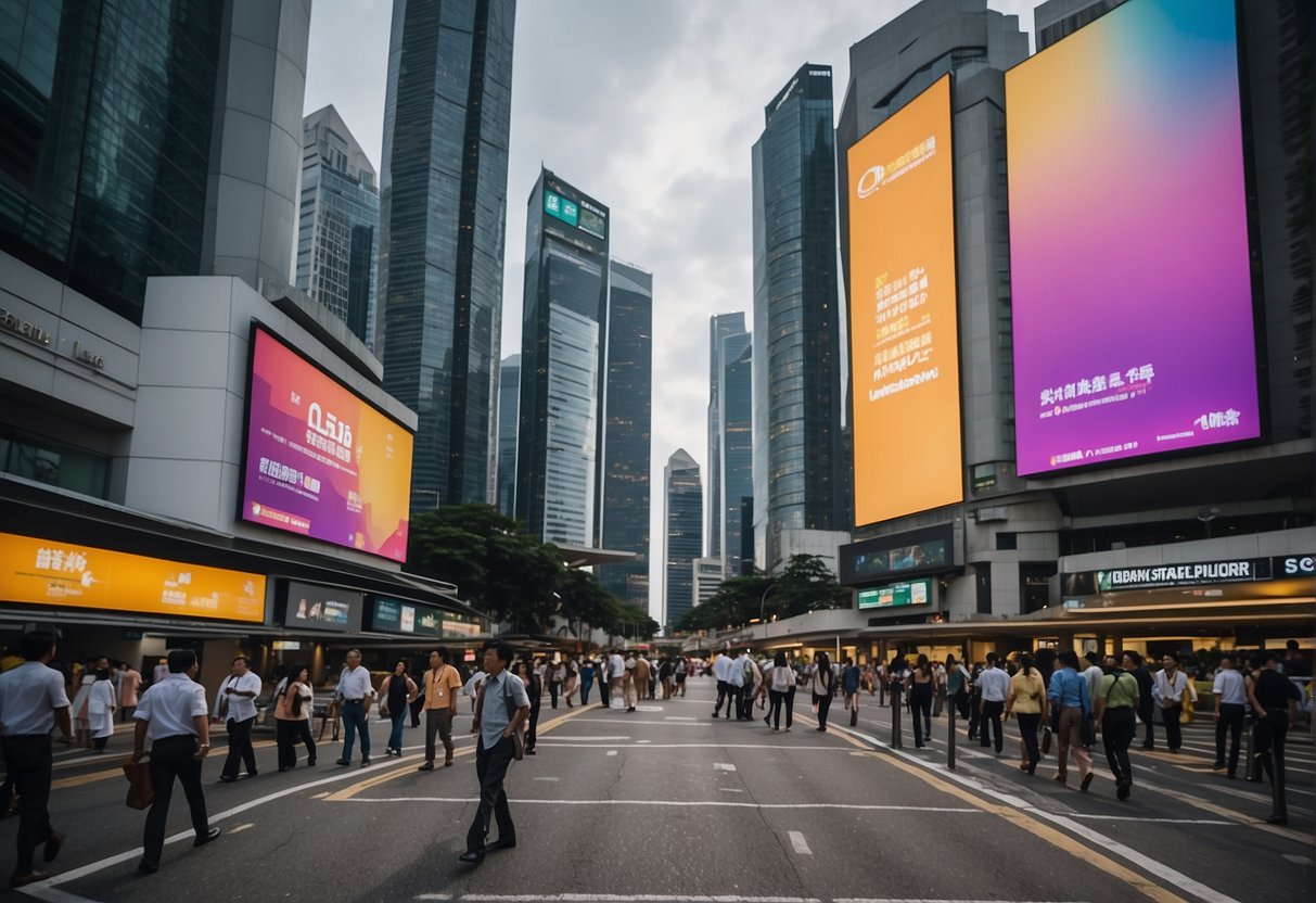 A bustling city street with towering skyscrapers and bright digital billboards advertising economist subscription promotions in Singapore
