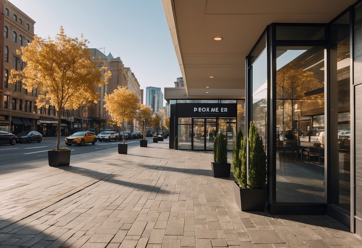 Premier location with exclusive offers. Bright, modern storefront with bold signage. Cityscape in the background