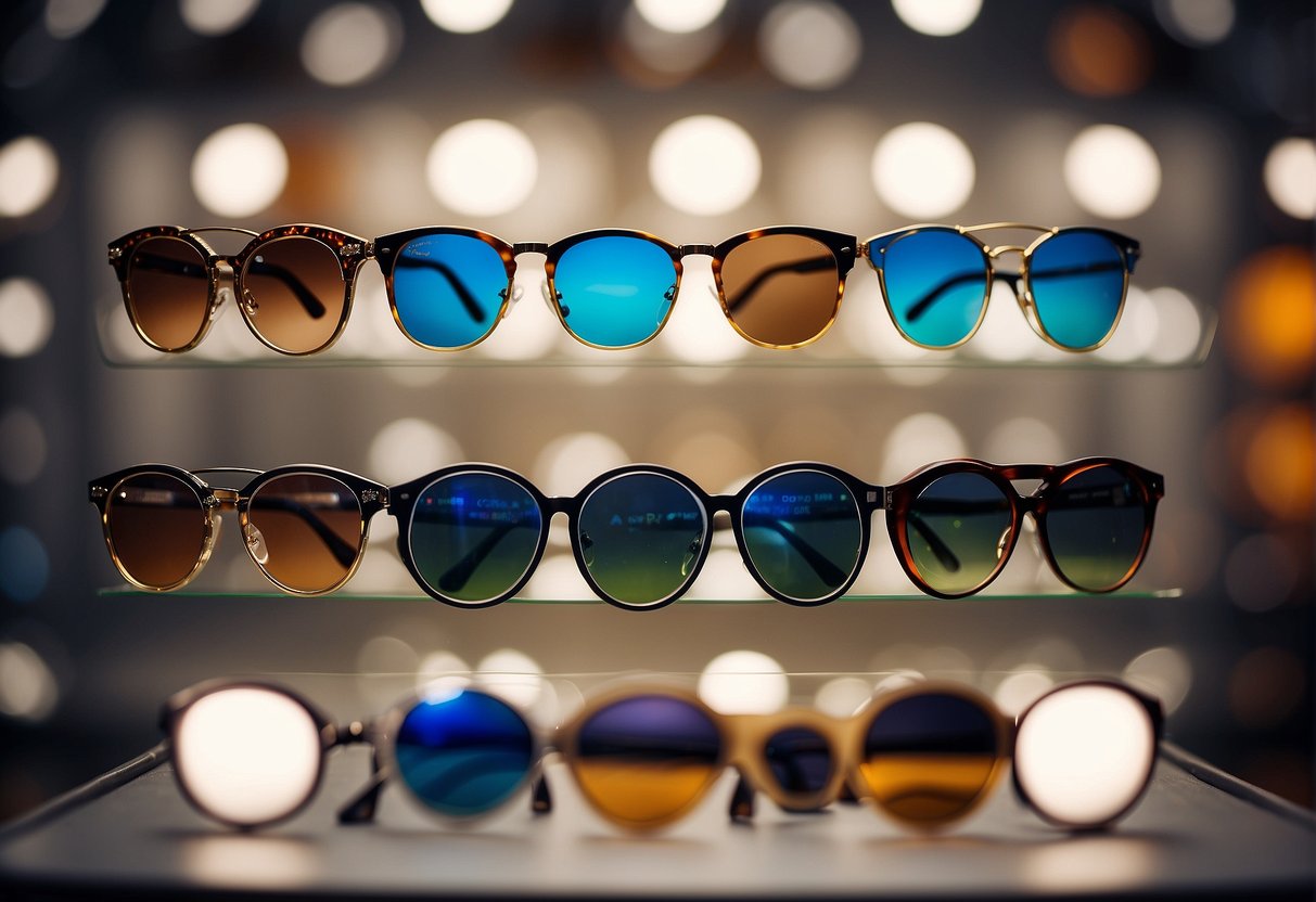 A display of eyewear promotions in Singapore, with various frames and styles showcased on shelves and mannequins