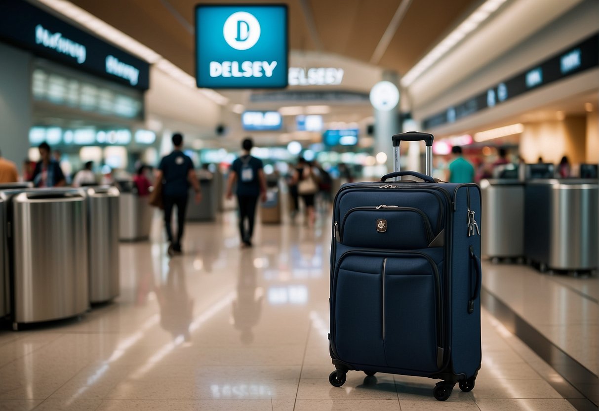 A suitcase with the Delsey logo sits prominently in the foreground, surrounded by promotional materials and signs featuring special offers in a bustling Singapore airport