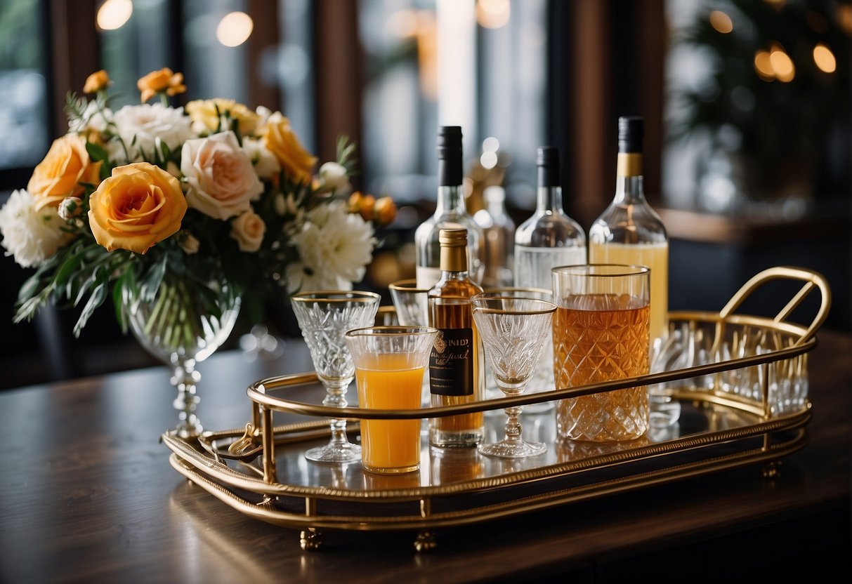 A stylish bar cart adorned with various decorative items such as elegant glassware, bottles of liquor, fresh flowers, and artfully arranged cocktail accessories