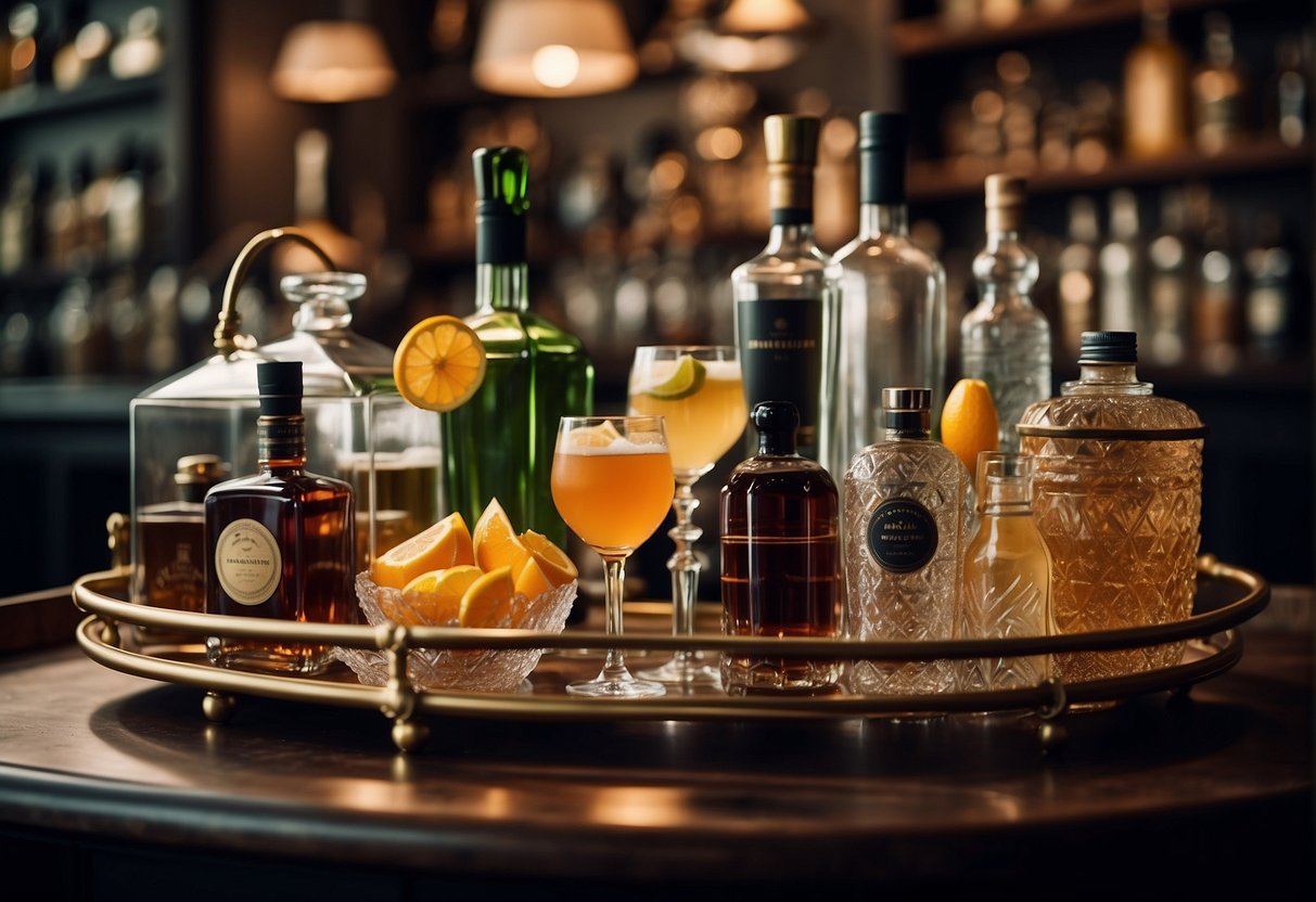 A well-stocked bar cart with a variety of glassware, bottles of liquor, cocktail shakers, and decorative accessories arranged in a stylish and organized manner