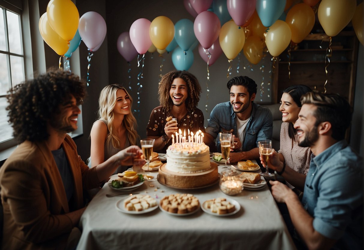 A group of friends gathered around a table, laughing and toasting to celebrate a 26th birthday. Balloons and confetti decorate the room, and a birthday cake with candles sits in the center