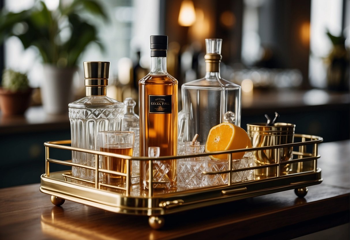 A well-stocked bar cart with essential accessories and decorative items, such as cocktail shakers, glassware, mixers, and stylish bar tools