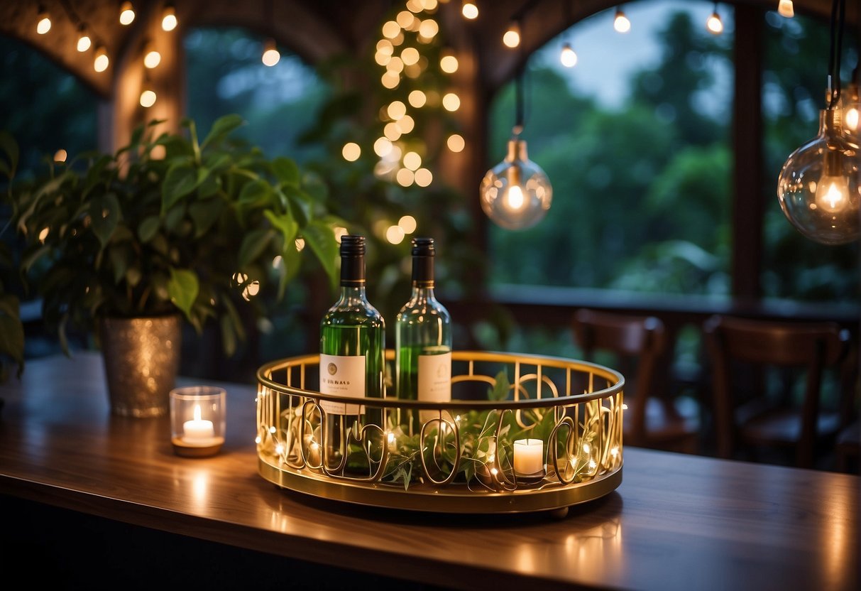 The bar cart is adorned with twinkling string lights and surrounded by lush greenery, creating a cozy and inviting ambiance