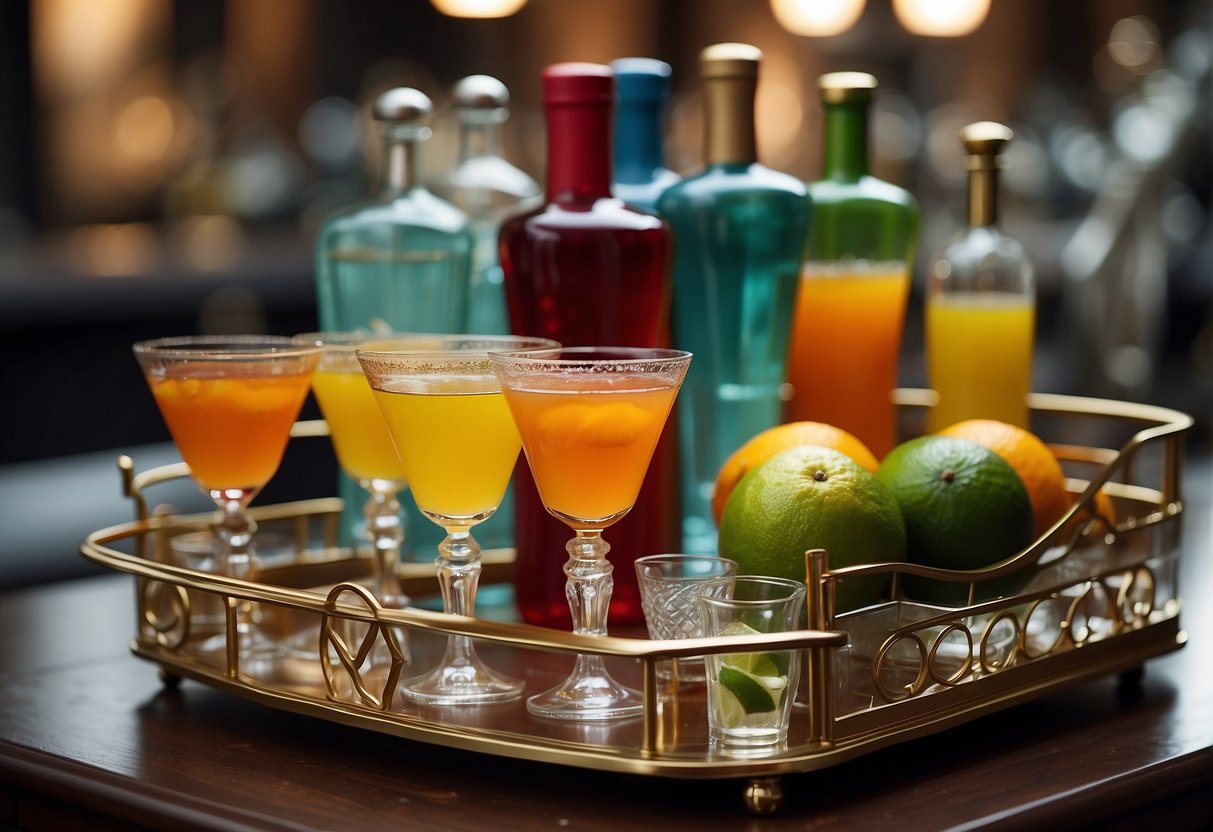 A stylish bar cart adorned with colorful cocktail glasses, fresh citrus fruits, and a variety of decorative bottles and bar tools