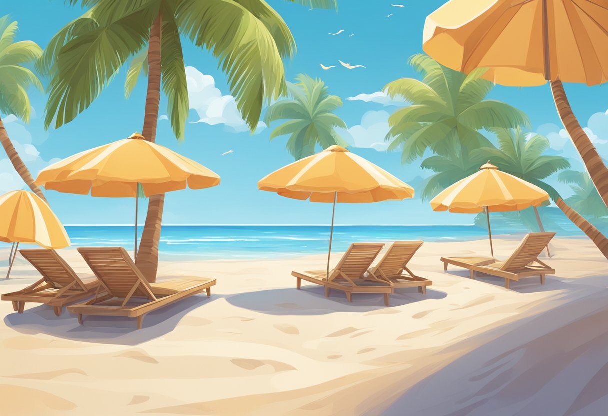 A beach scene with colorful umbrellas, palm trees, and a clear blue sky. A sandy shore with waves gently rolling in, creating a serene and relaxing summer vibe