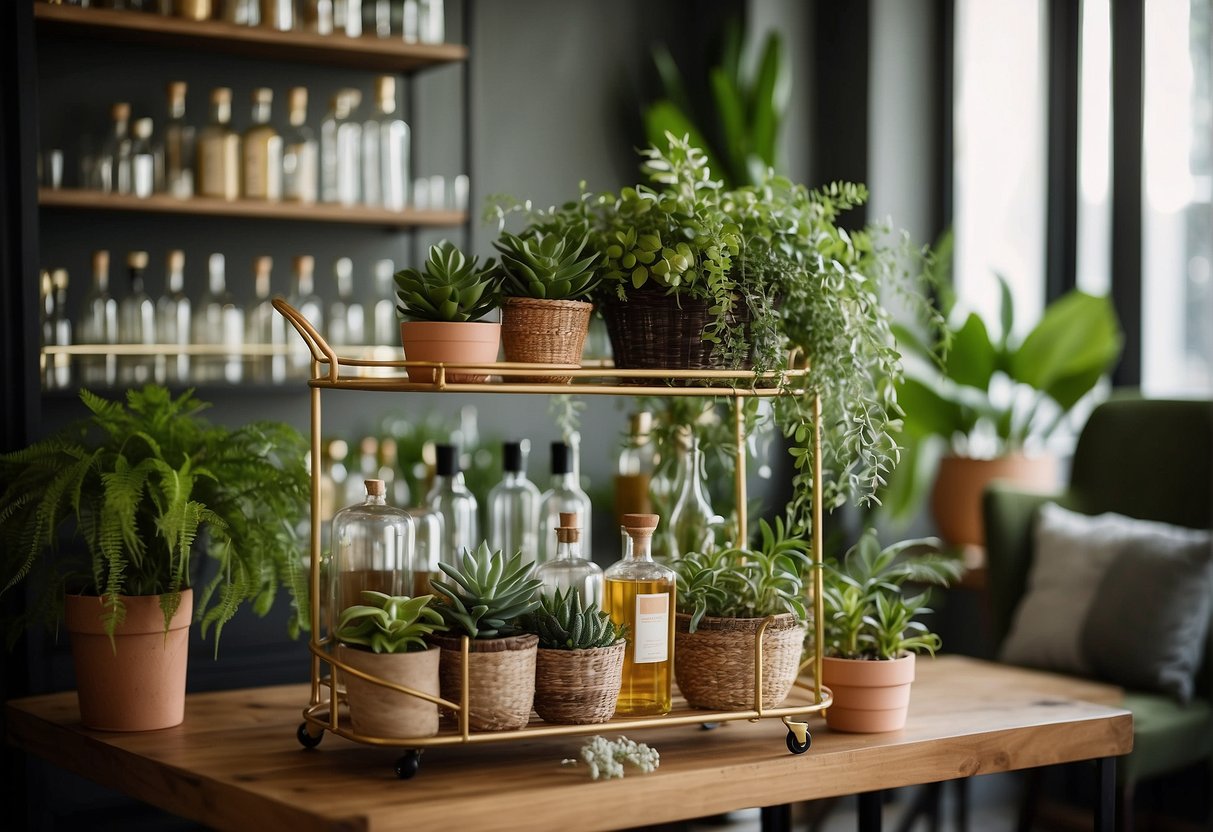 A bar cart adorned with potted plants, reusable glassware, and eco-friendly decor items. The cart is set against a backdrop of sustainable materials and natural elements, creating a stylish and environmentally conscious display