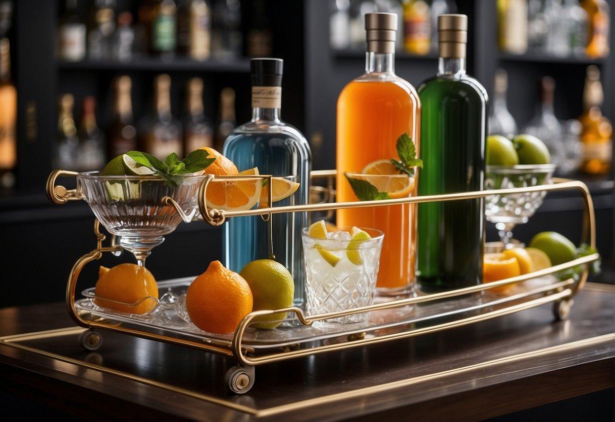 A stylish bar cart adorned with colorful cocktail shakers, glassware, and fresh garnishes. A backdrop of elegant bar decor and shelves stocked with premium spirits