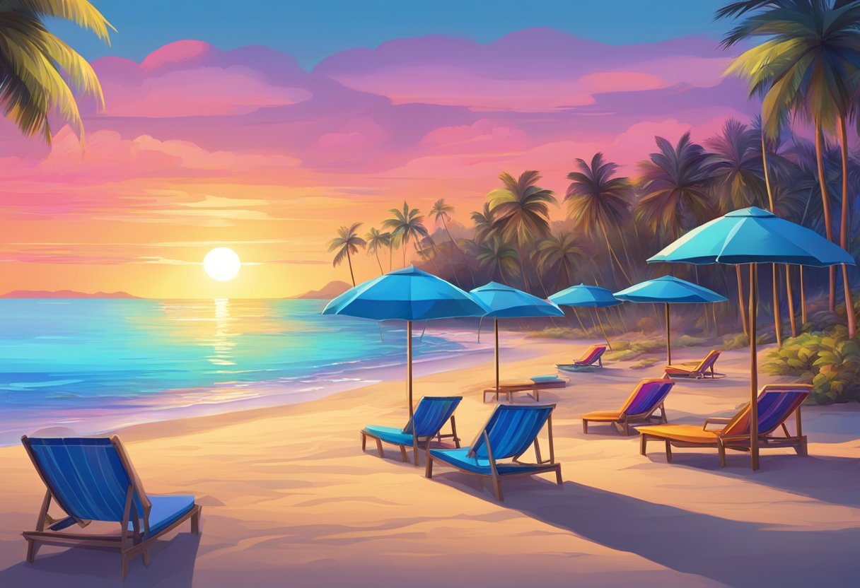 A vibrant beach scene with palm trees, clear blue water, and a colorful sunset sky. Beach chairs and umbrellas are scattered along the shore