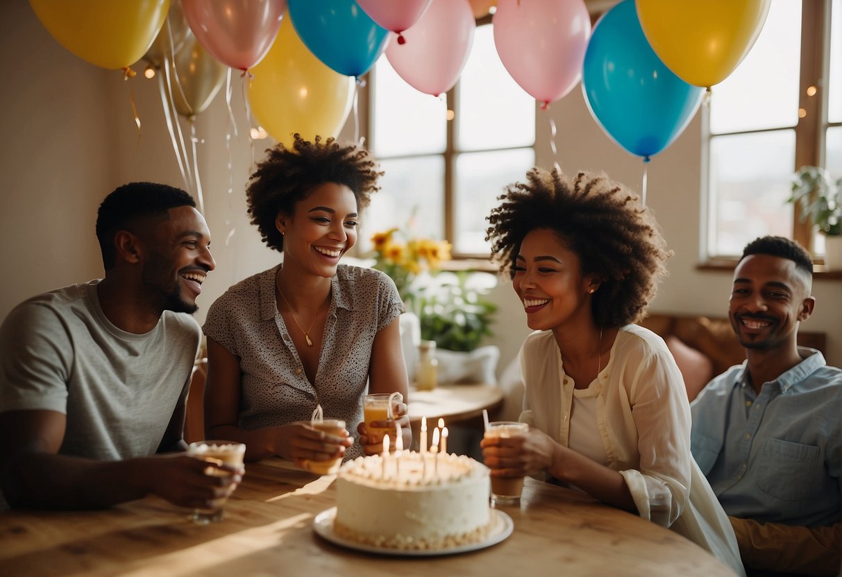 People celebrating a 26th birthday with cake, balloons, and presents in a bright, sunlit room. Laughter and smiles fill the air as friends and family gather for the festivities