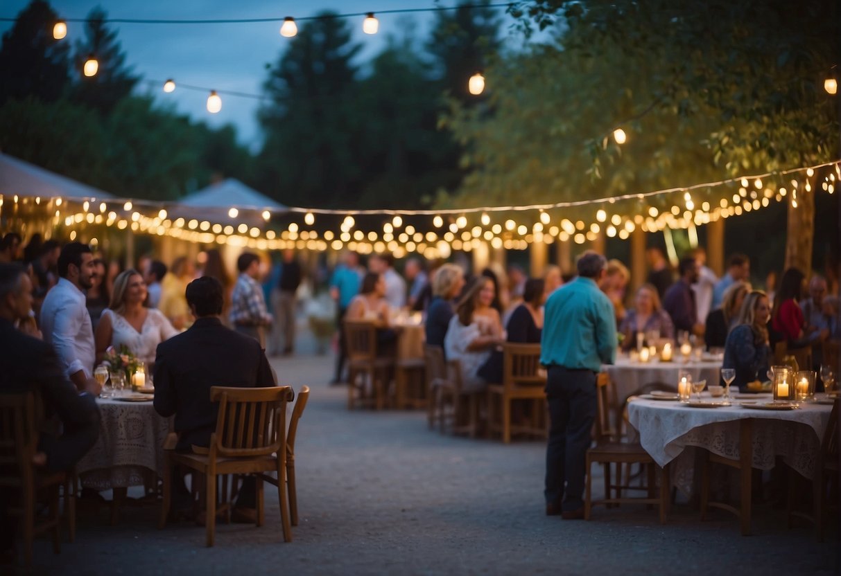 Colorful lights illuminate a lively outdoor venue with music, laughter, and dancing. Tables are adorned with festive decorations and guests enjoy food and drinks under the starry sky