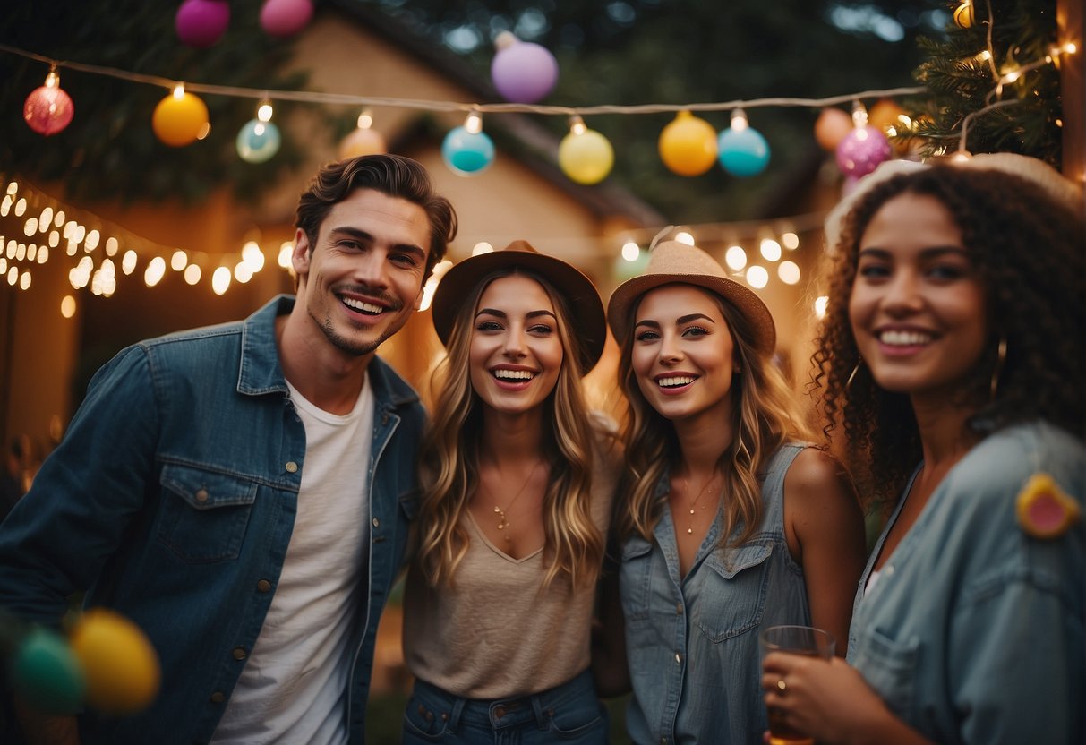 A group of friends gather in a cozy backyard, surrounded by string lights and colorful decorations. They are laughing and enjoying unique activities like DIY crafts, personalized cocktails, and a custom photo booth