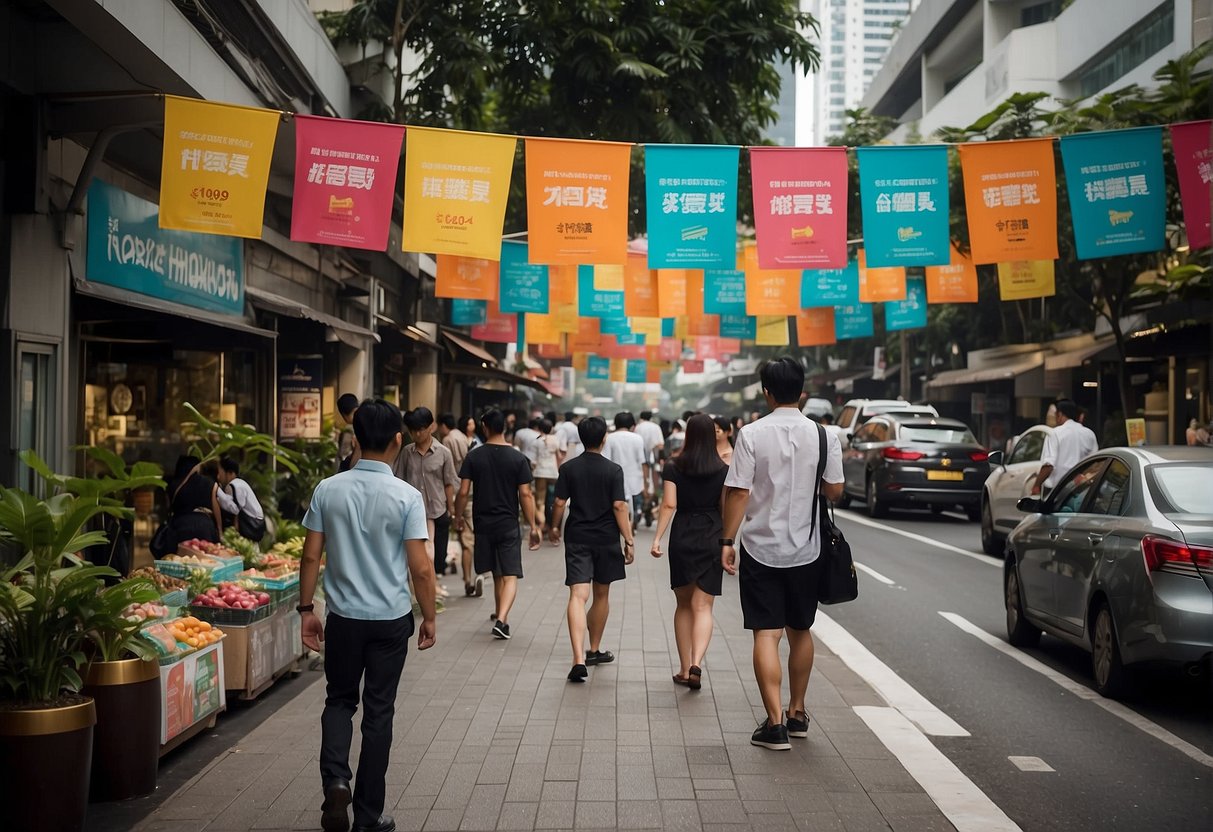 A bustling street with colorful banners and promotional displays in Singapore. The vibrant atmosphere is filled with energy and excitement