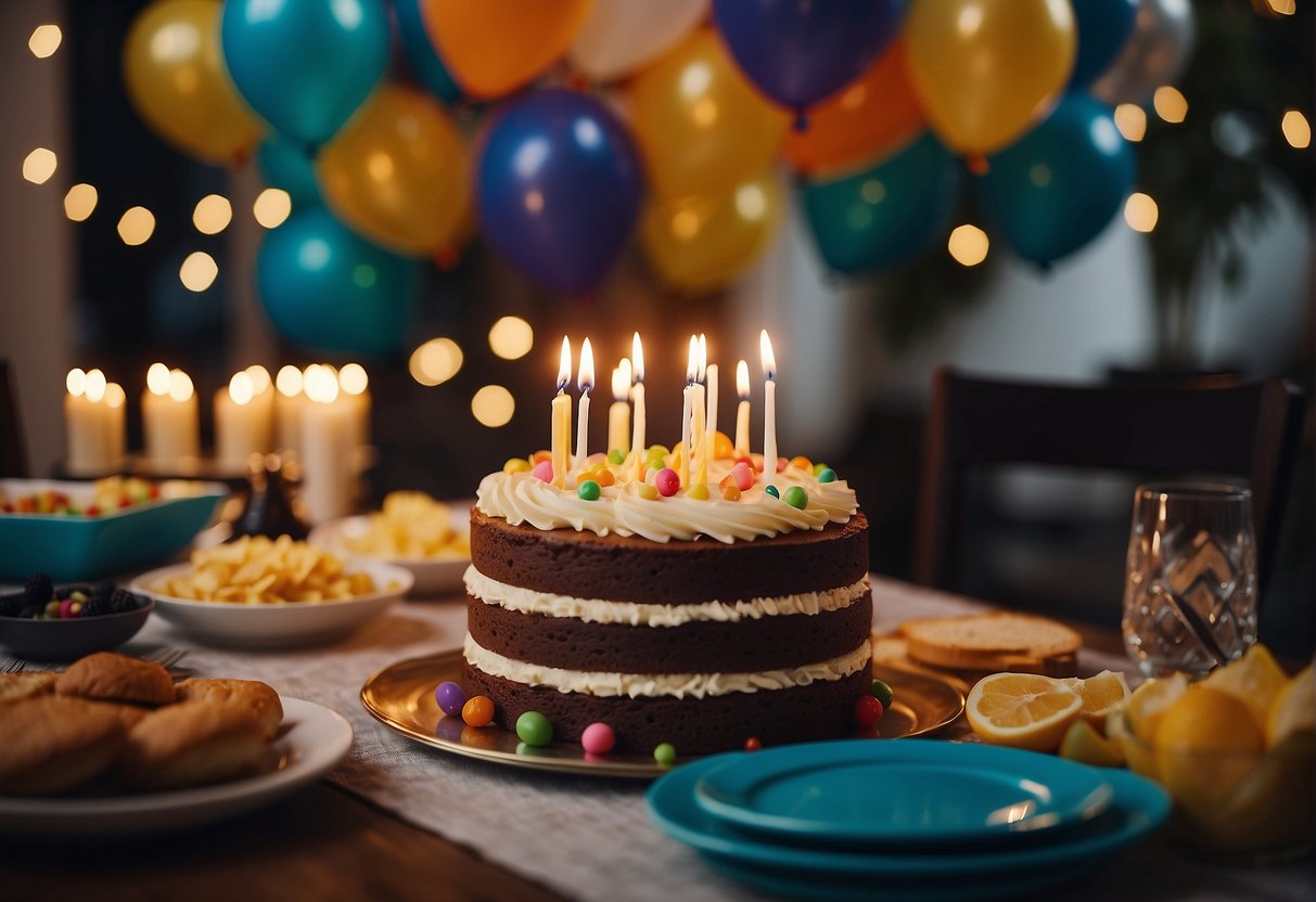 Colorful balloons, a birthday cake with candles, and an array of food and drinks on a decorated table. A festive atmosphere with friends celebrating