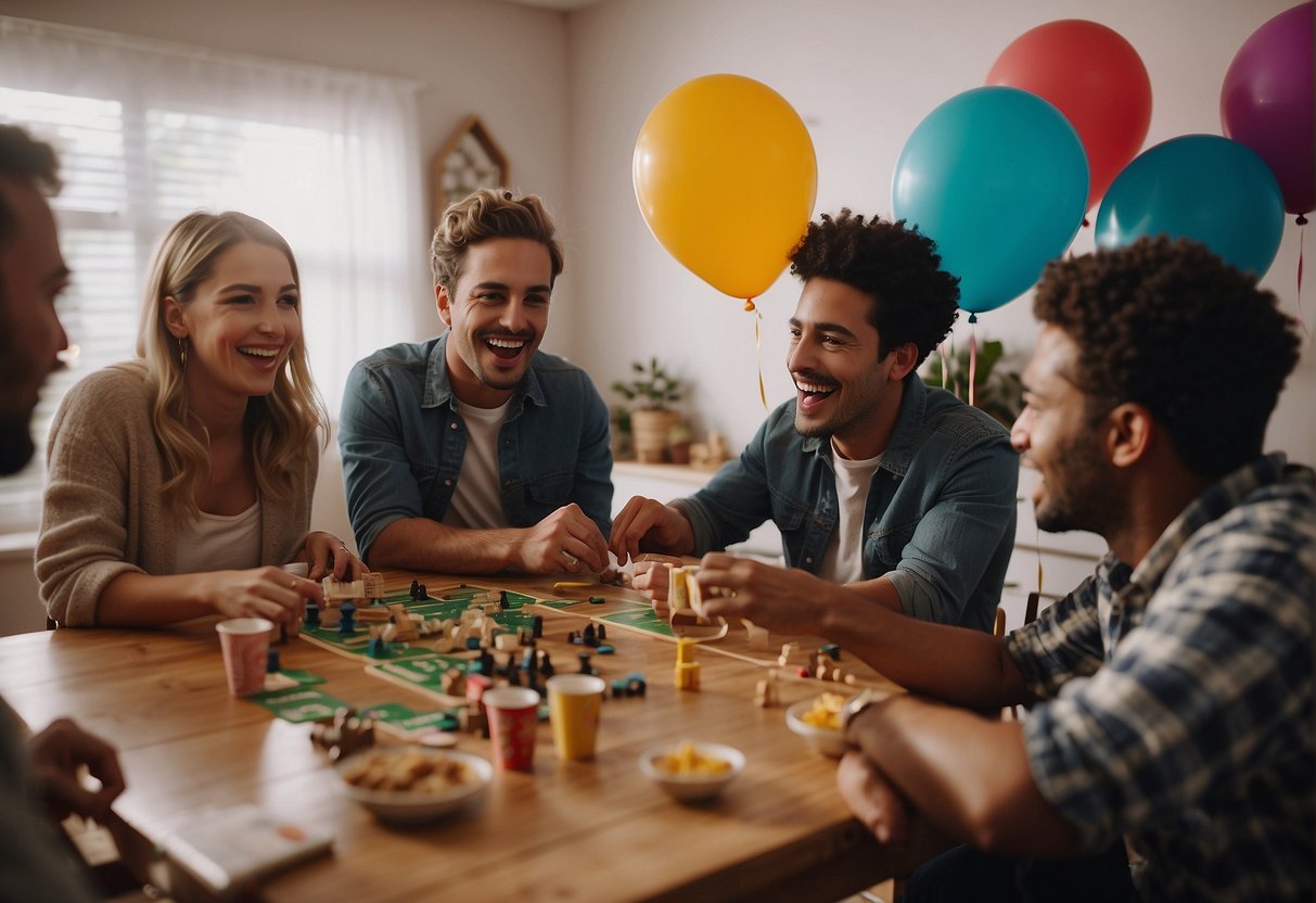 A group of friends gather around a table filled with board games and snacks. Laughter fills the air as they compete in a lively game of charades. Balloons and streamers decorate the room, adding to the festive atmosphere