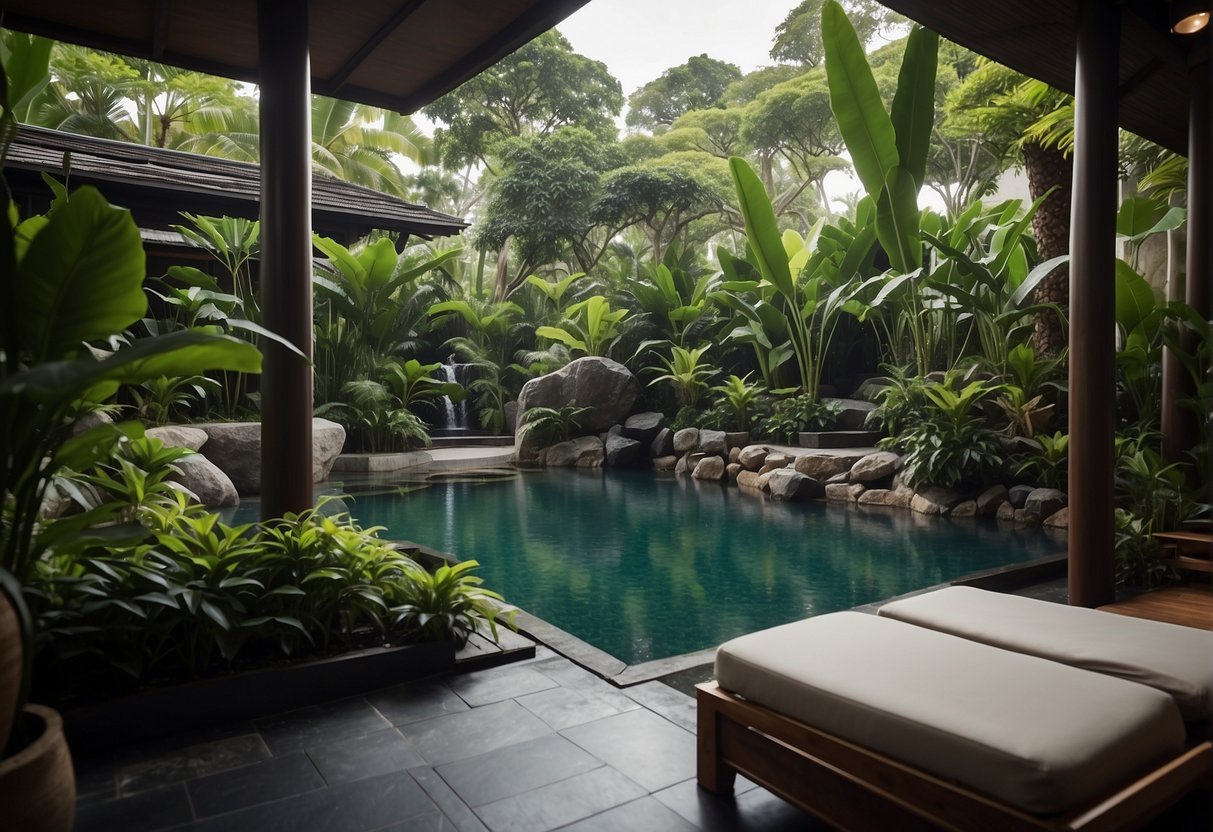 A serene spa setting with lush greenery, calming water features, and luxurious relaxation areas at Sentosa's premier spas