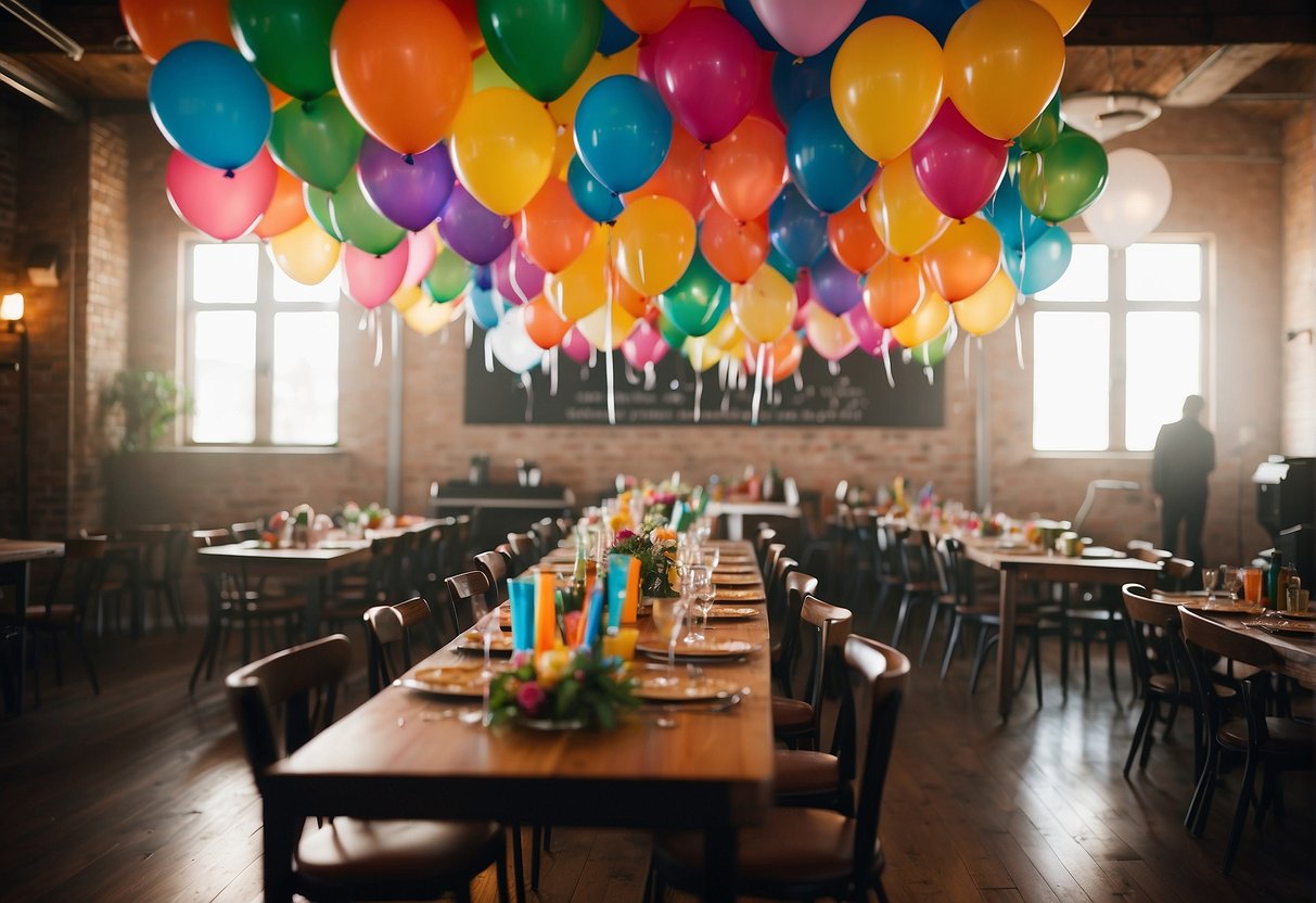 Colorful balloons and streamers adorn the room as friends gather for the 27th birthday celebration. Tables are filled with snacks and drinks, and a DJ sets up in the corner, ready to get the party started