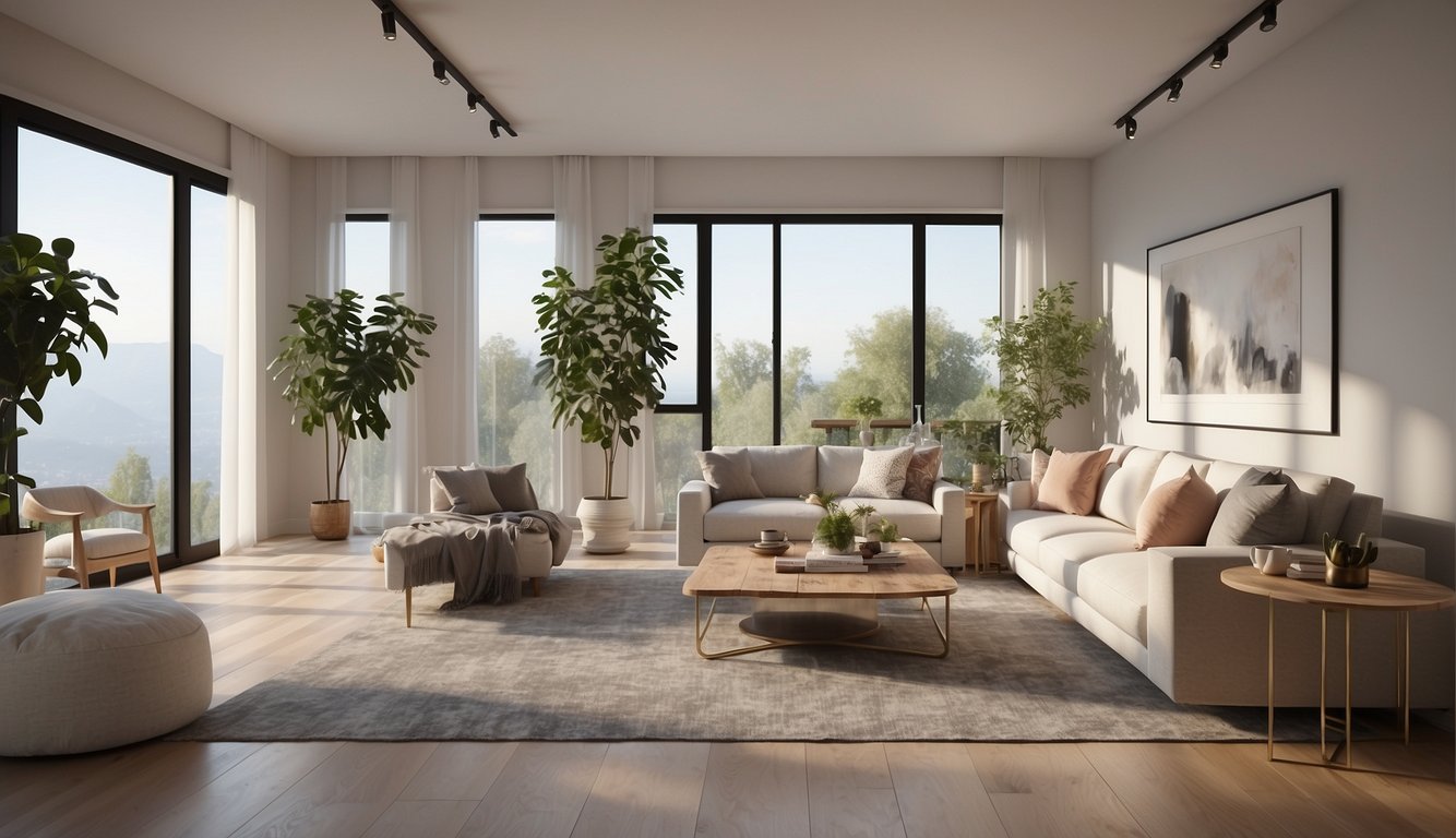 A virtual staging scene: A bright and modern living room with virtual furniture and decor, showcasing the potential of the space to potential buyers