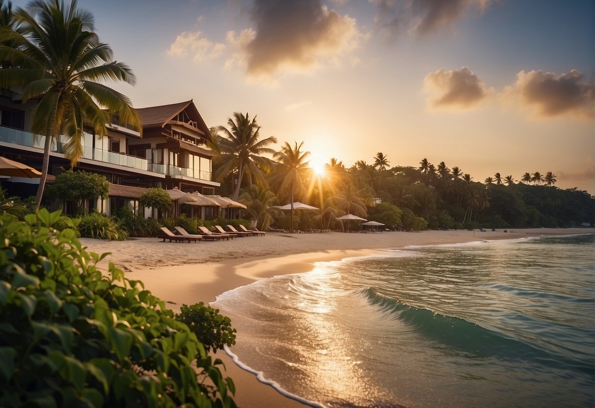 The sun sets over the tranquil beach villas, as waves gently crash on the shore. Palm trees sway in the breeze, creating a sense of peace and relaxation at Sentosa's Beach Villas and Spas