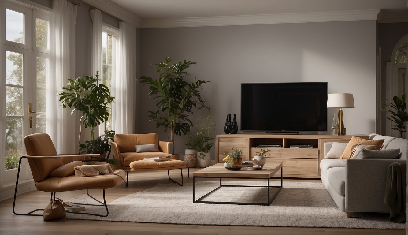 A computer screen displaying a beautifully staged living room in a vacant house, with virtual furniture and decor creating an inviting atmosphere