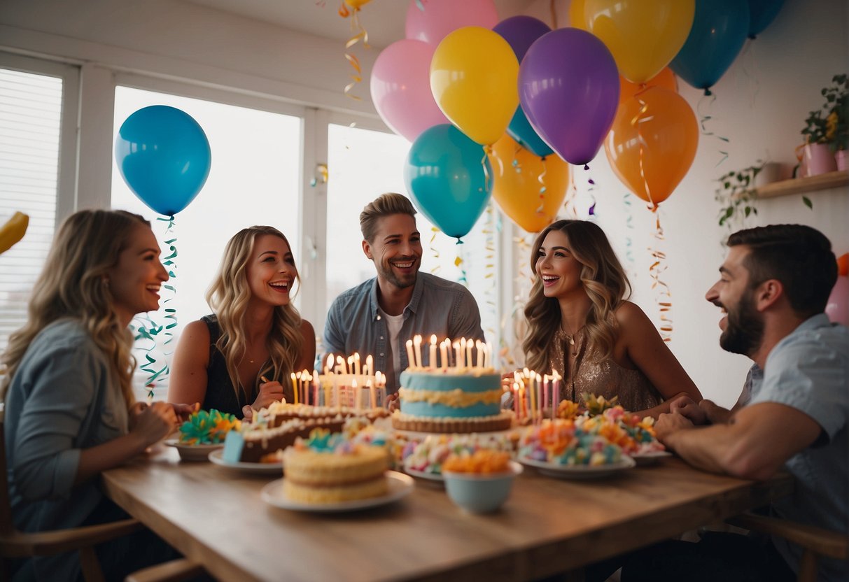 A group of friends gather around a table filled with colorful decorations and a birthday cake. Balloons and streamers adorn the room as they laugh and celebrate