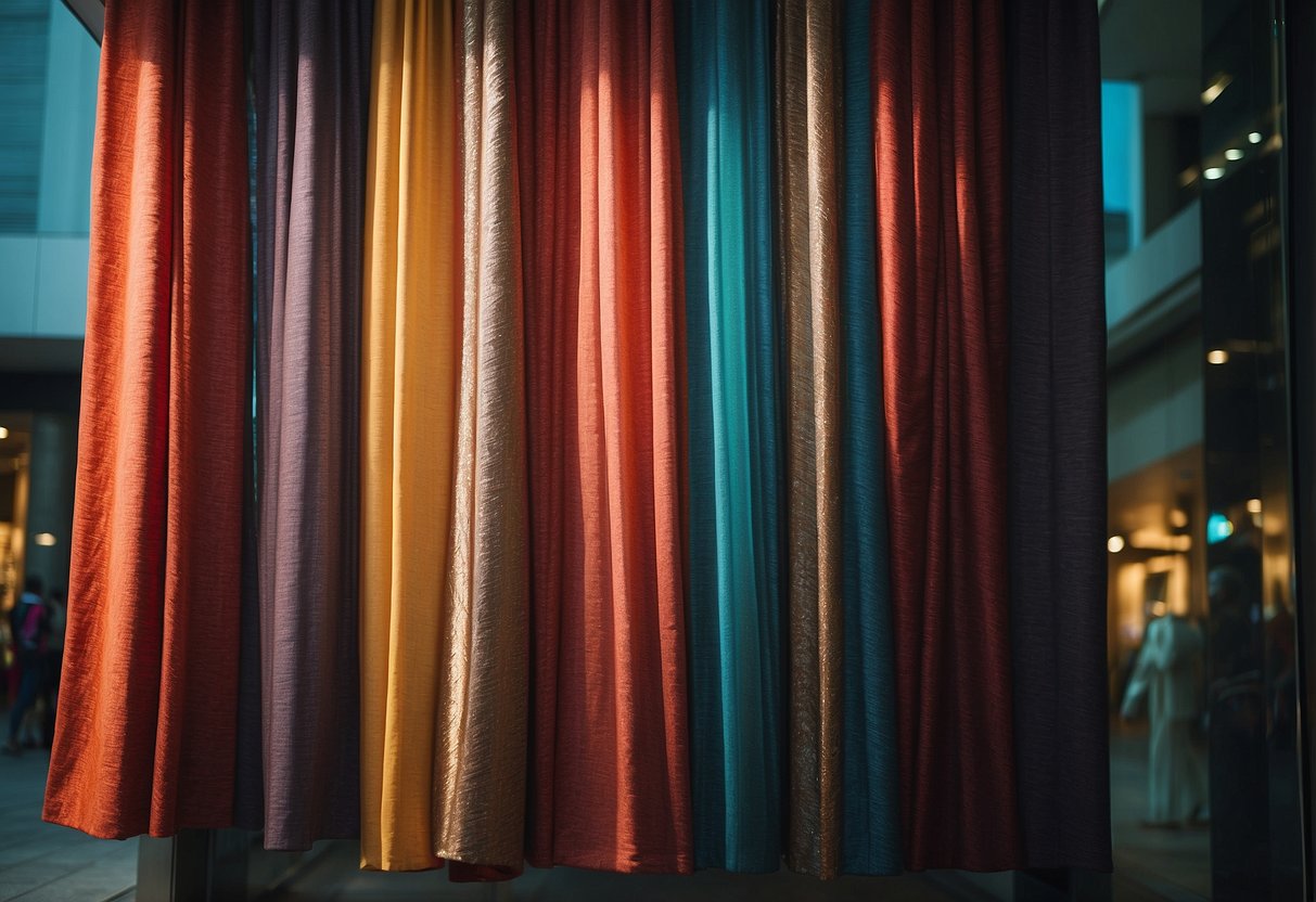 Vibrant curtains hang in a Singapore store window, with bold promotional signs and eye-catching displays