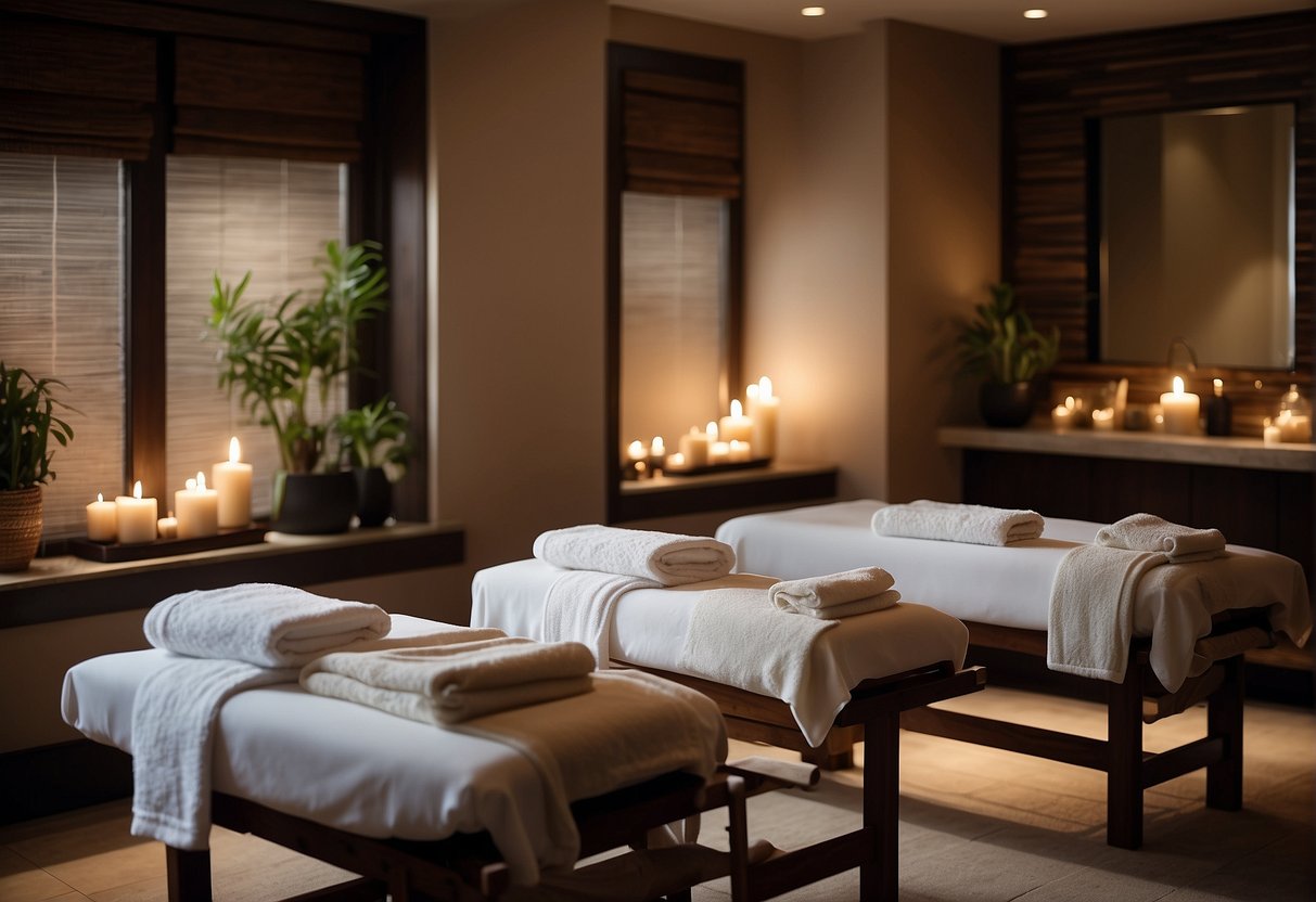A serene spa room with dim lighting, two massage tables adorned with fluffy towels, and a soothing ambiance with soft music and fragrant essential oils