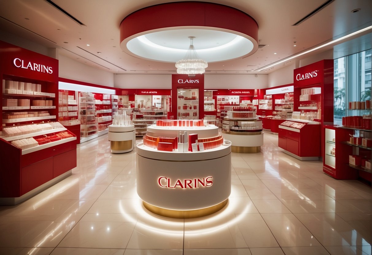 A vibrant display of Clarins products with promotional signage in a bustling Singapore retail store