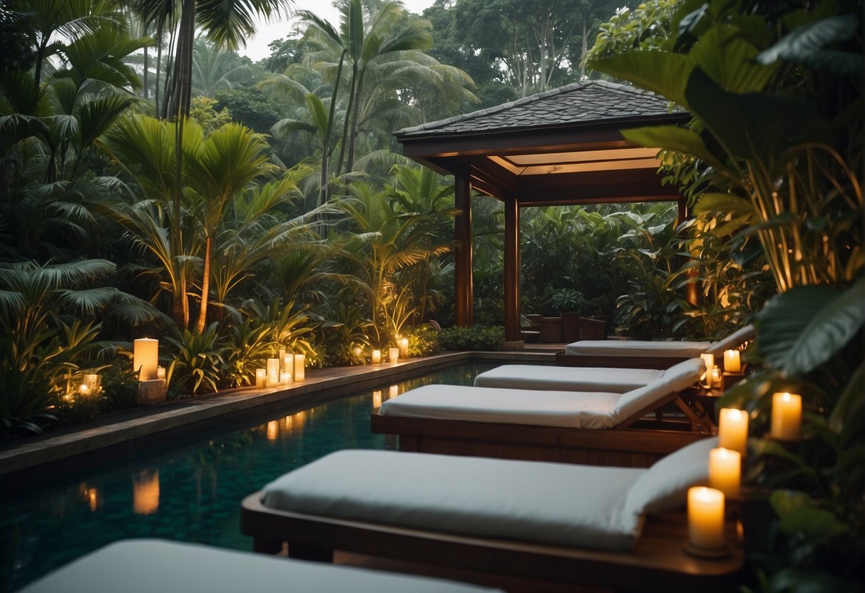 A serene spa setting with two massage tables, candles, and soft lighting, surrounded by lush greenery and a tranquil ambiance in Singapore