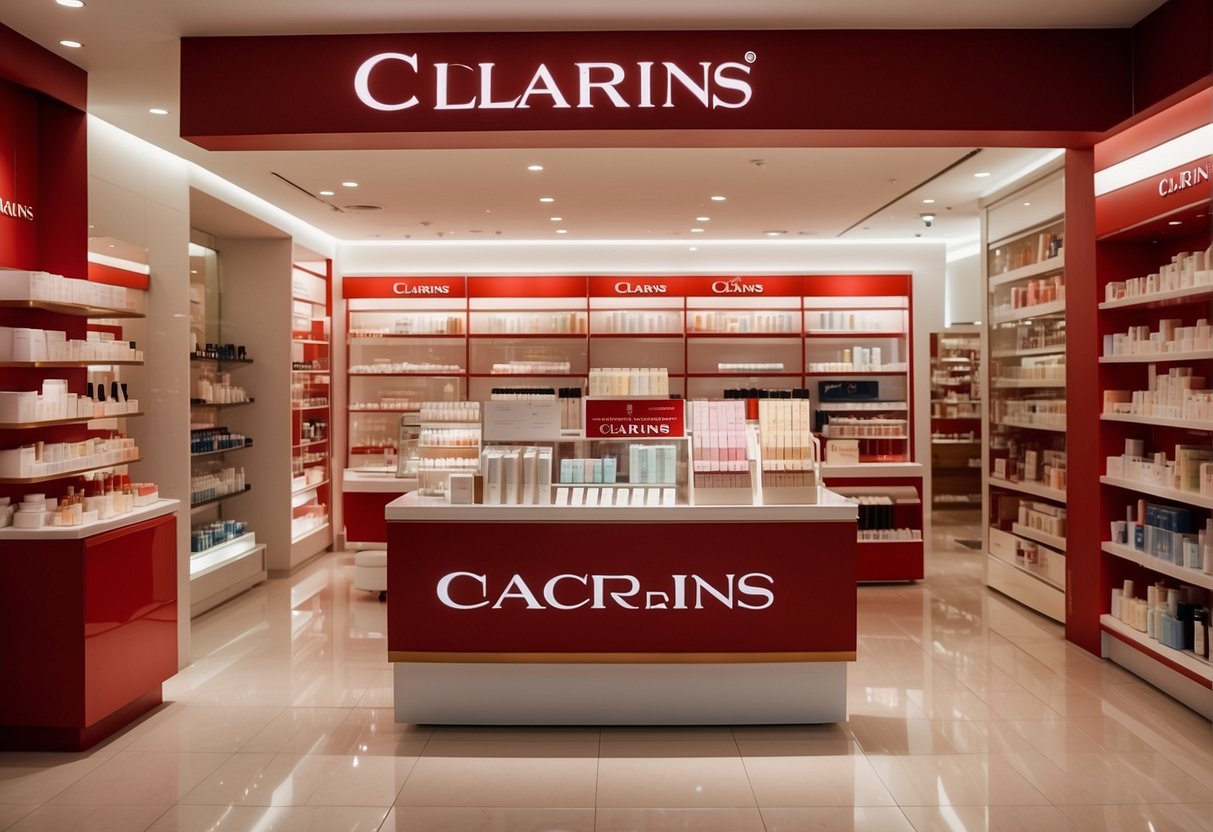 A display of Clarins skincare products with promotional signs in a Singaporean store